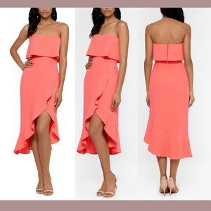 NWT | XSCAPE Strapless Bustier Ruffle Skirt Midi‎ Dress Coral High Low Size 8